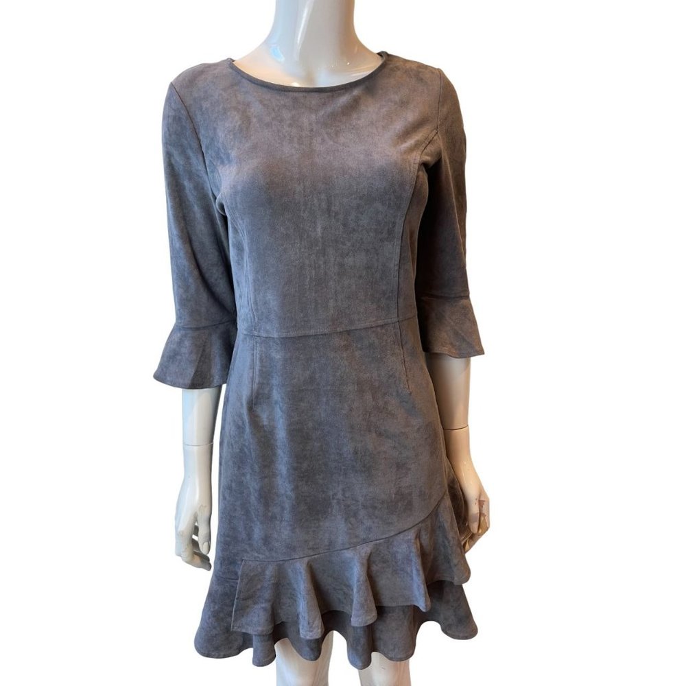 Aryeh Womens Vegan Suede Ruffled Mini Dress 3/4 Sleeve Crew Neck Gray SZ Small